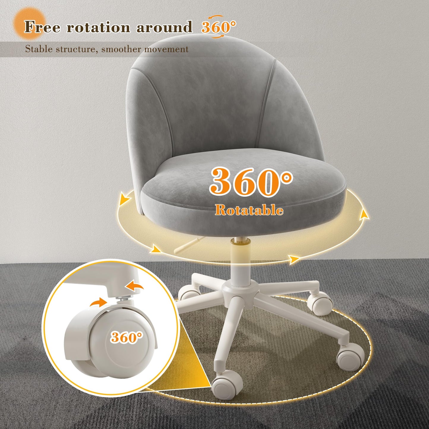 EnHomee Velvet Vanity Chair with Wheels, Ergonomic Desk Chair with Height Adjustable, Armless Makeup Chair for Home Office, Bedroom, Dorm, Muted Grey