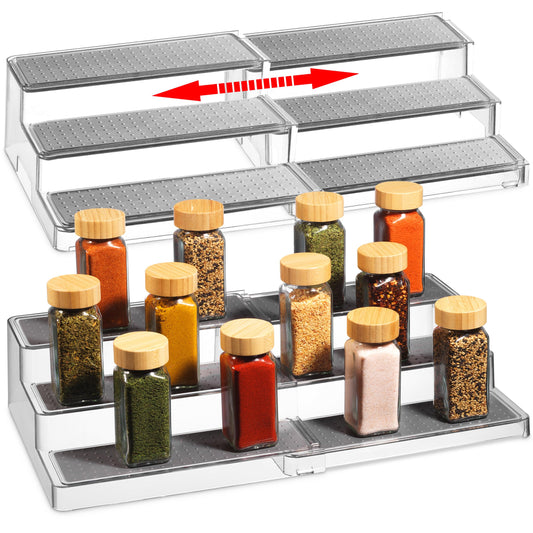 Oizeir Expandable Spice Rack Organizer for Cabinet (2 Pack), 3-Tier Clear Tiered Shelf, Non-Slip Adjustable Spice Cabinet Organizer for Kitchen Pantry, Medicine, Seasoning & Bottle Storage