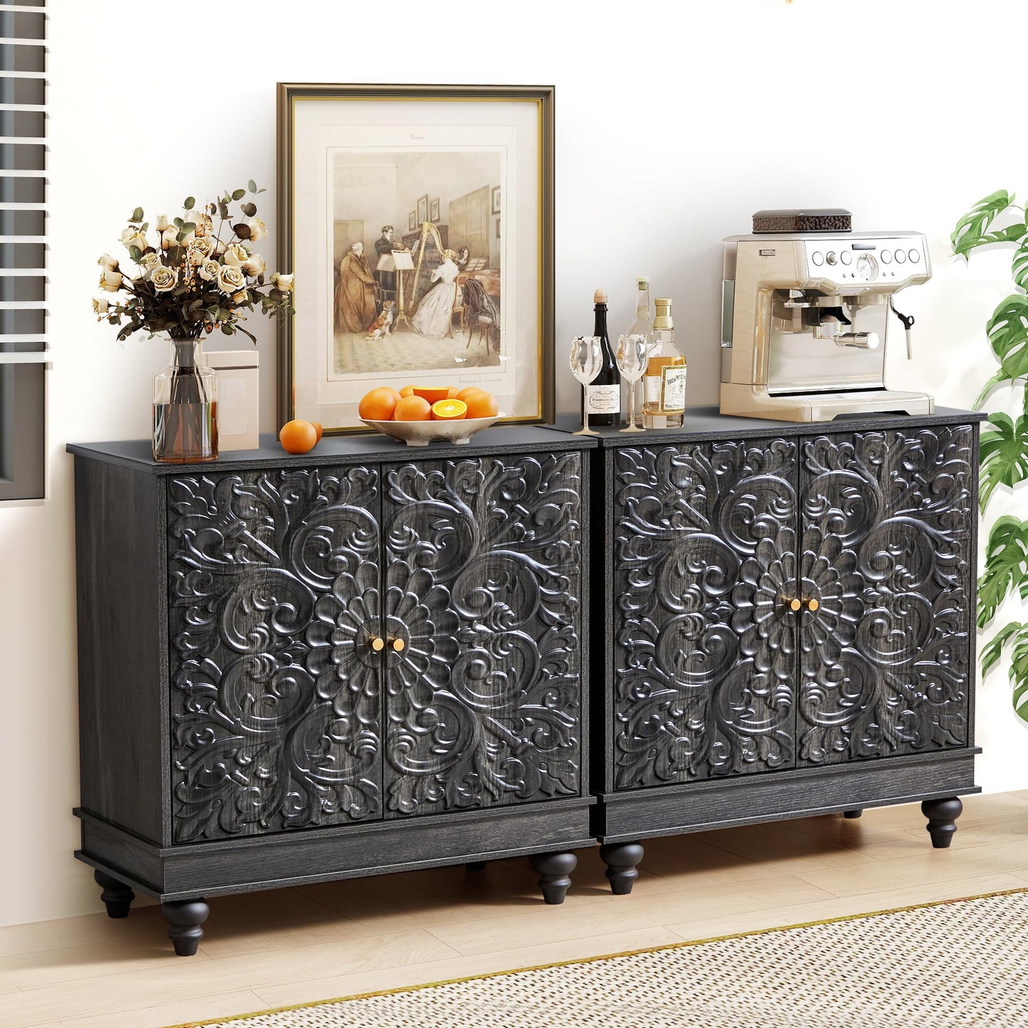 weselon Accent Cabinet Set of 2, Classic Carved Buffet Cabinet Storage Sideboard with Adjustable Shelves, Entryway Table for Living Room (Antique Black-Brown)