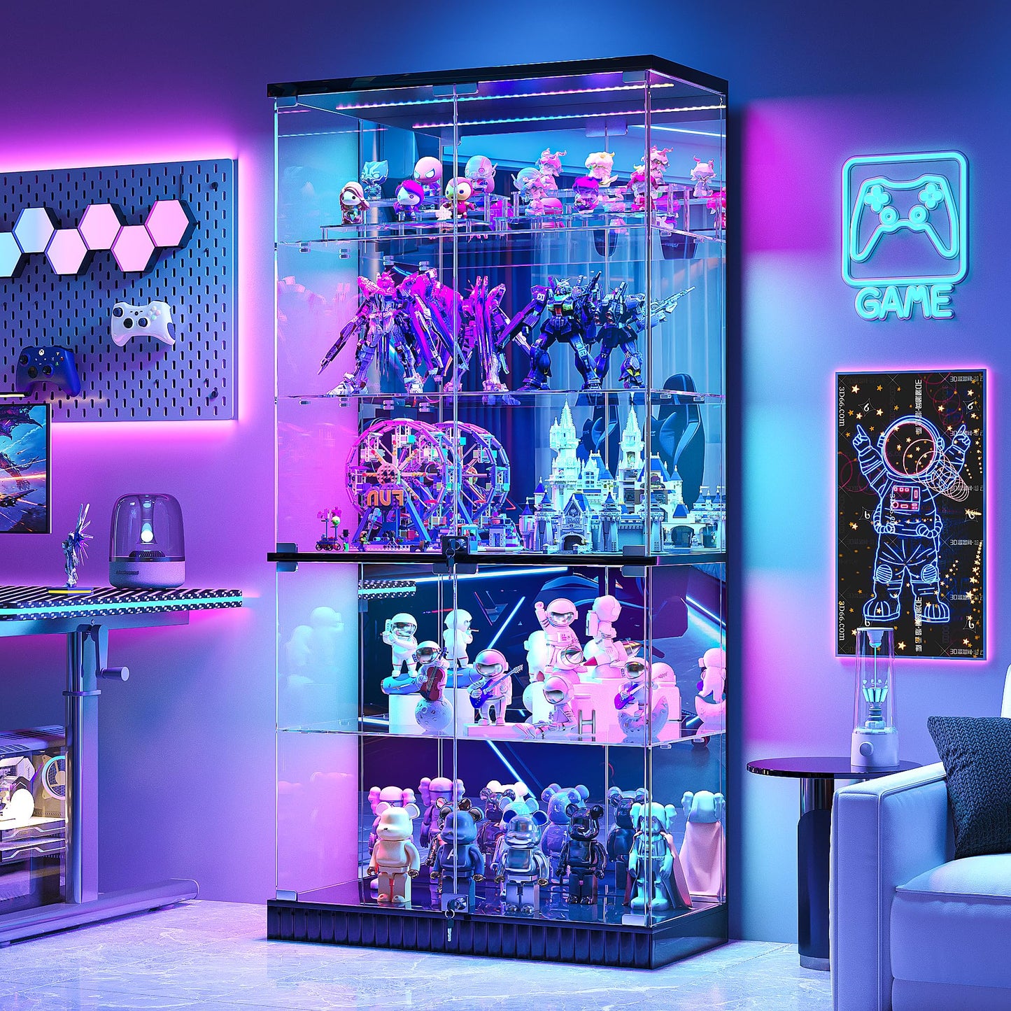 JDPAG 67" Glass Display Cabinet with RGB Lights for Collectibles, Dual Lockable 5-Tier Curio Cabinet with Glass Doors, Lighted Display Case with Motion Sensor for Action Figures/Models/Trophy, Black