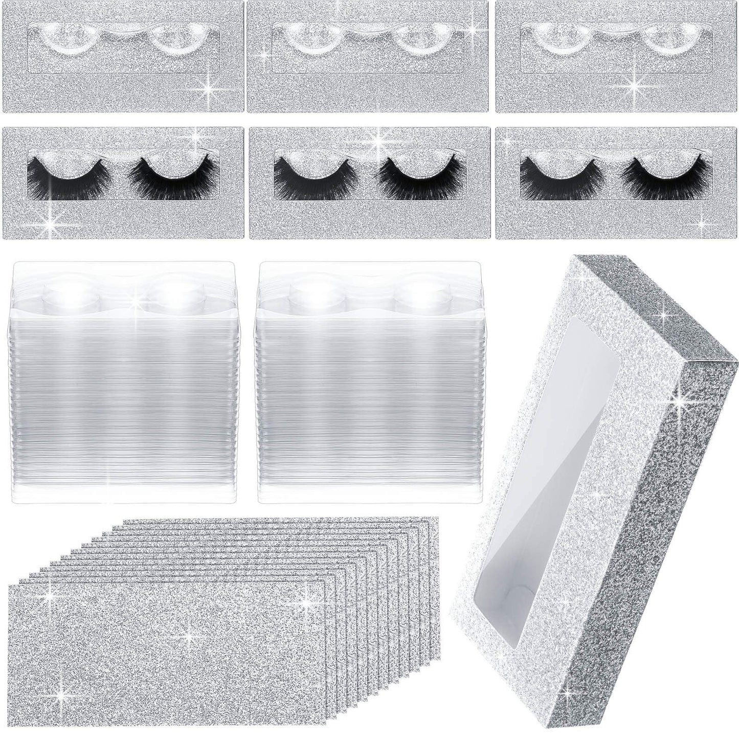 Maitys 50 Sets Empty Lash Case Set, Include Empty Eyelash Box Packaging Storage Box, Eyelash Boxes Tray False Storage, Internal Background Paper(Silver)