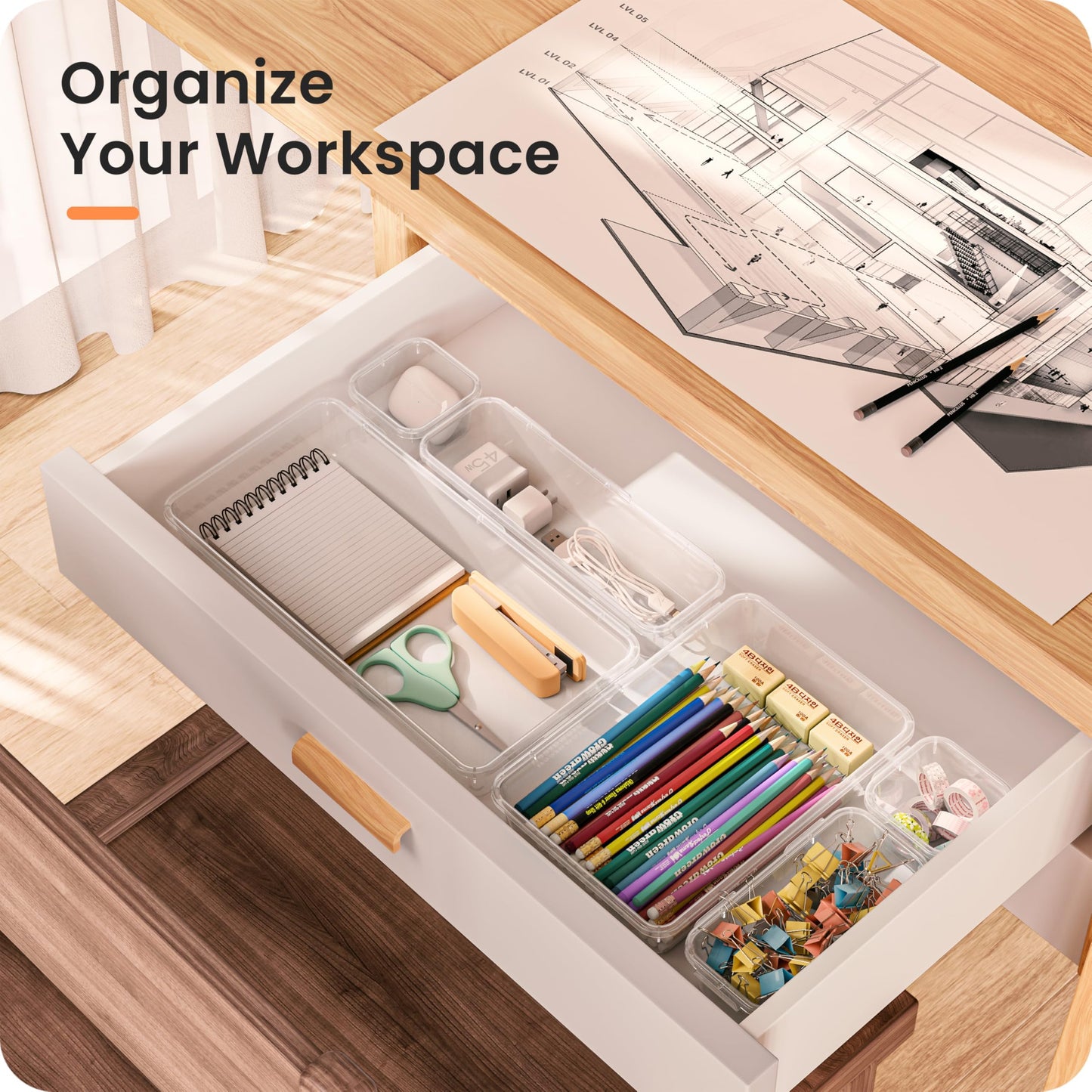 【Military Grade】A-LuGei Drawer Organizer, 【𝟱𝗦𝗶𝘇𝗲】 Makeup organizer, 【Holds 177 Items】 Bathroom Organizers and Storage, Organization and Storage, Desk Drawer Organizer for Vanity (Clear)