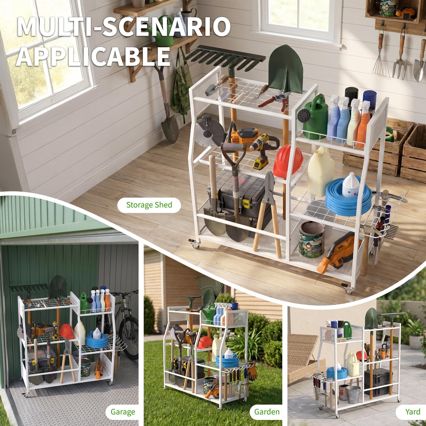 HOTEAGLE Yard Tool Organizer for Garage 35.4" Width High Stability Outdoor Metal Utility Rolling Cart with Mute Wheels, 18.5mm Thick Rods Ideal Garden Tool Rack, Easy to Clean,White