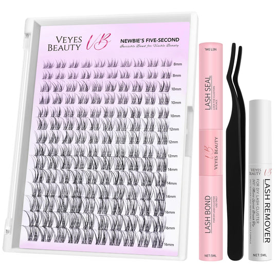 VEYESBEAUTY Aliva Cluster Lashes Kit Individual Lash Extensions Newbie's Five-Second DIY Dramatic Volume Eyelash Spider Wispy Faux Mink Lash Mixed Length Tray with Bond & Seal, Applicator at Home