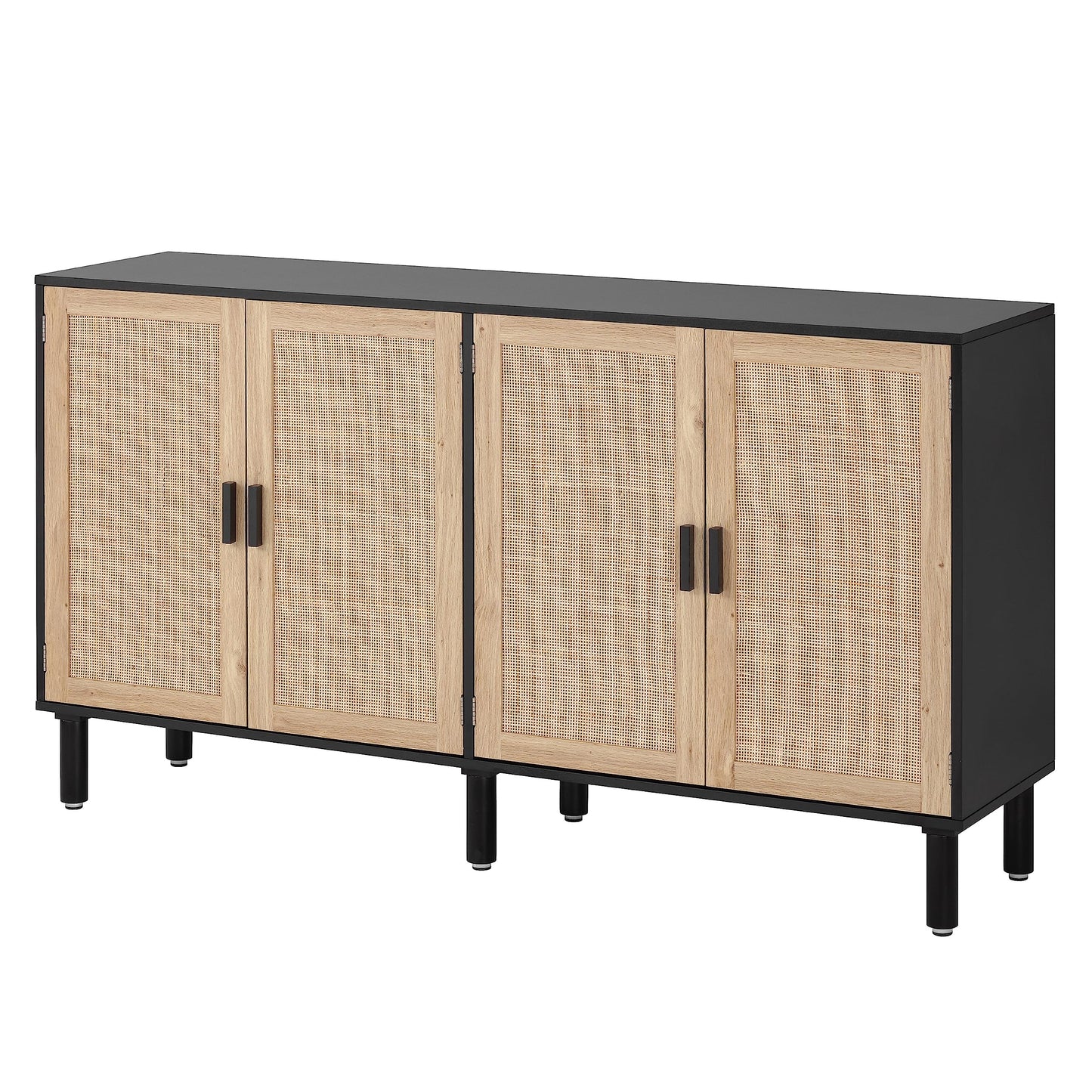 Finnhomy 4 Door Sideboard Buffet Cabinet, Kitchen Storage Cabinet with Rattan Decorated Doors, Cupboard Console Table, Boho Accent Liquor Cabinet, Bar Cabient, 62.3X 15.7X 34.6 Inches, Black