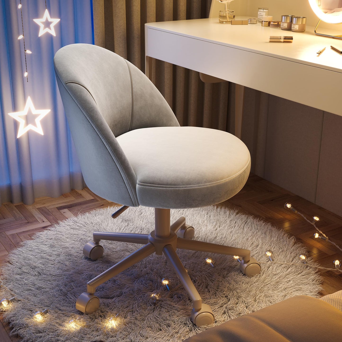 EnHomee Velvet Vanity Chair with Wheels, Ergonomic Desk Chair with Height Adjustable, Armless Makeup Chair for Home Office, Bedroom, Dorm, Muted Grey