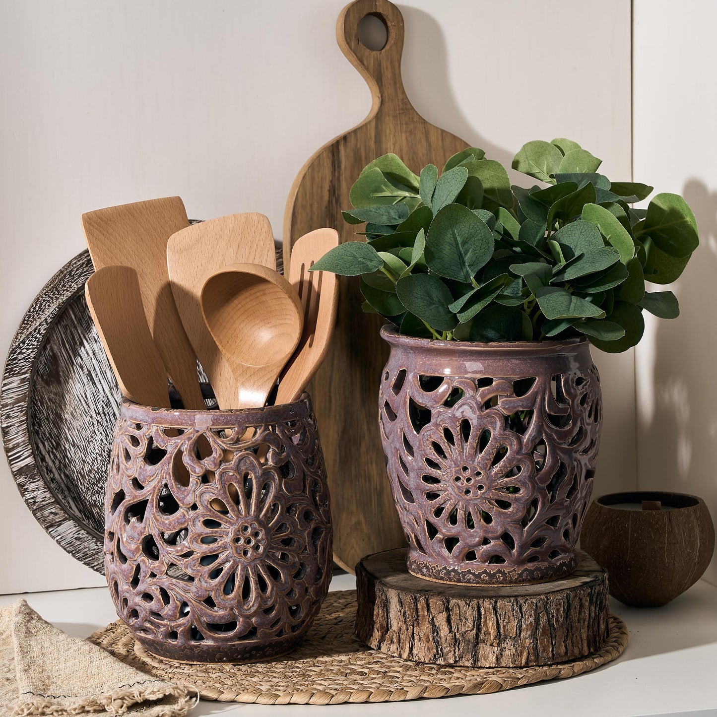 JH JIEMEI HOME Farmhouse Kitchen Utensil Holder for Kitchen Counter, Ceramic Large Cooking Utensil Crock with Cork Mat, Decorative Rustic Utensil Organizer for Countertop, Spatula, Antique Purple
