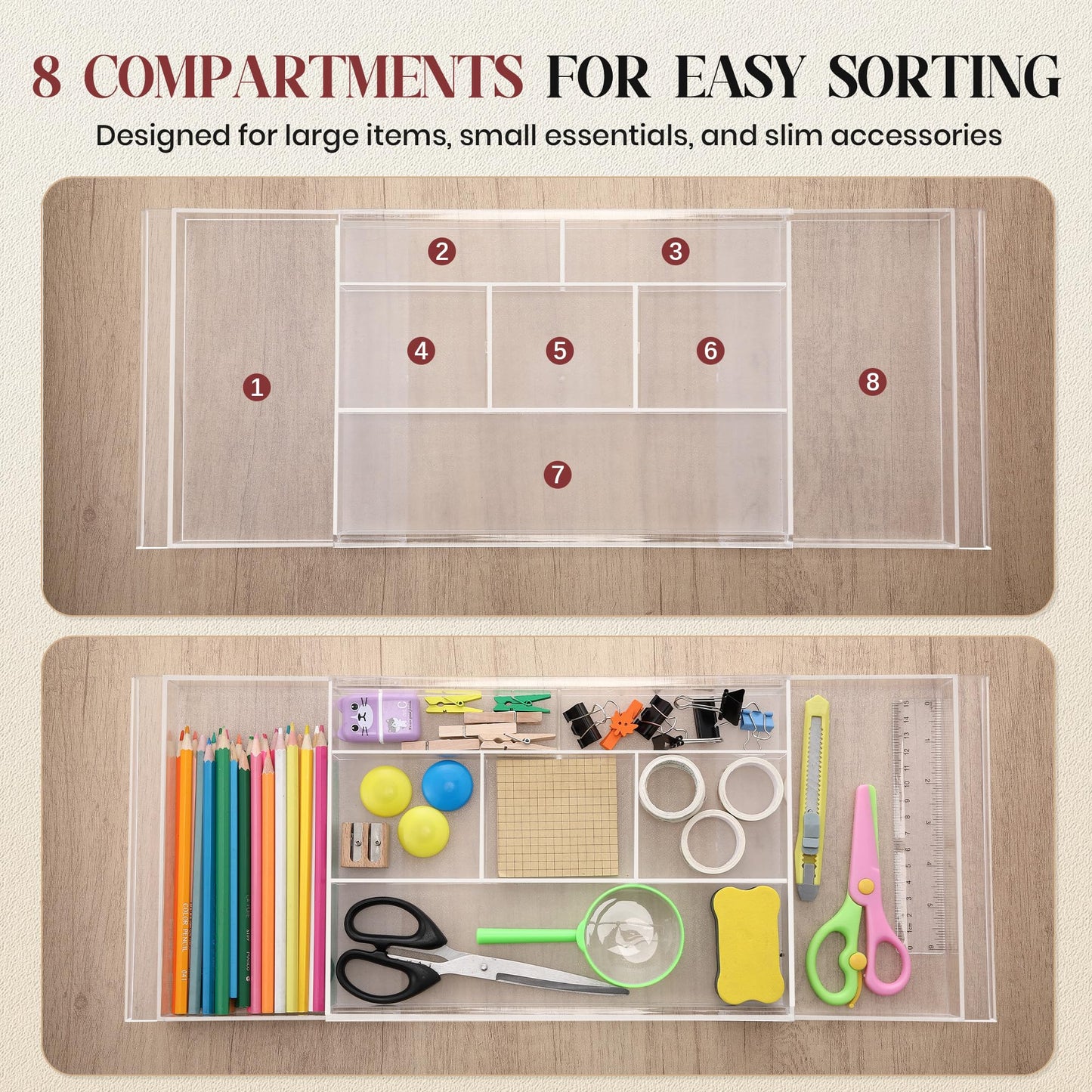 Dunkive 4pack Shallow Expandable Drawer Organizer, Adjustable 12.5”–20” Clear Plastic Drawer Organizer Tray for Vanity Bathroom Desk Kitchen Drawers, Multi Compartment Storage