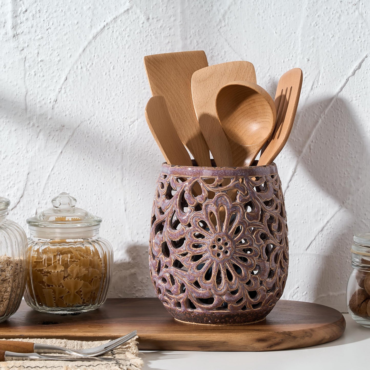 JH JIEMEI HOME Farmhouse Kitchen Utensil Holder for Kitchen Counter, Ceramic Large Cooking Utensil Crock with Cork Mat, Countertop Cooking Tool Spatula Organizer, Purple Antique Design