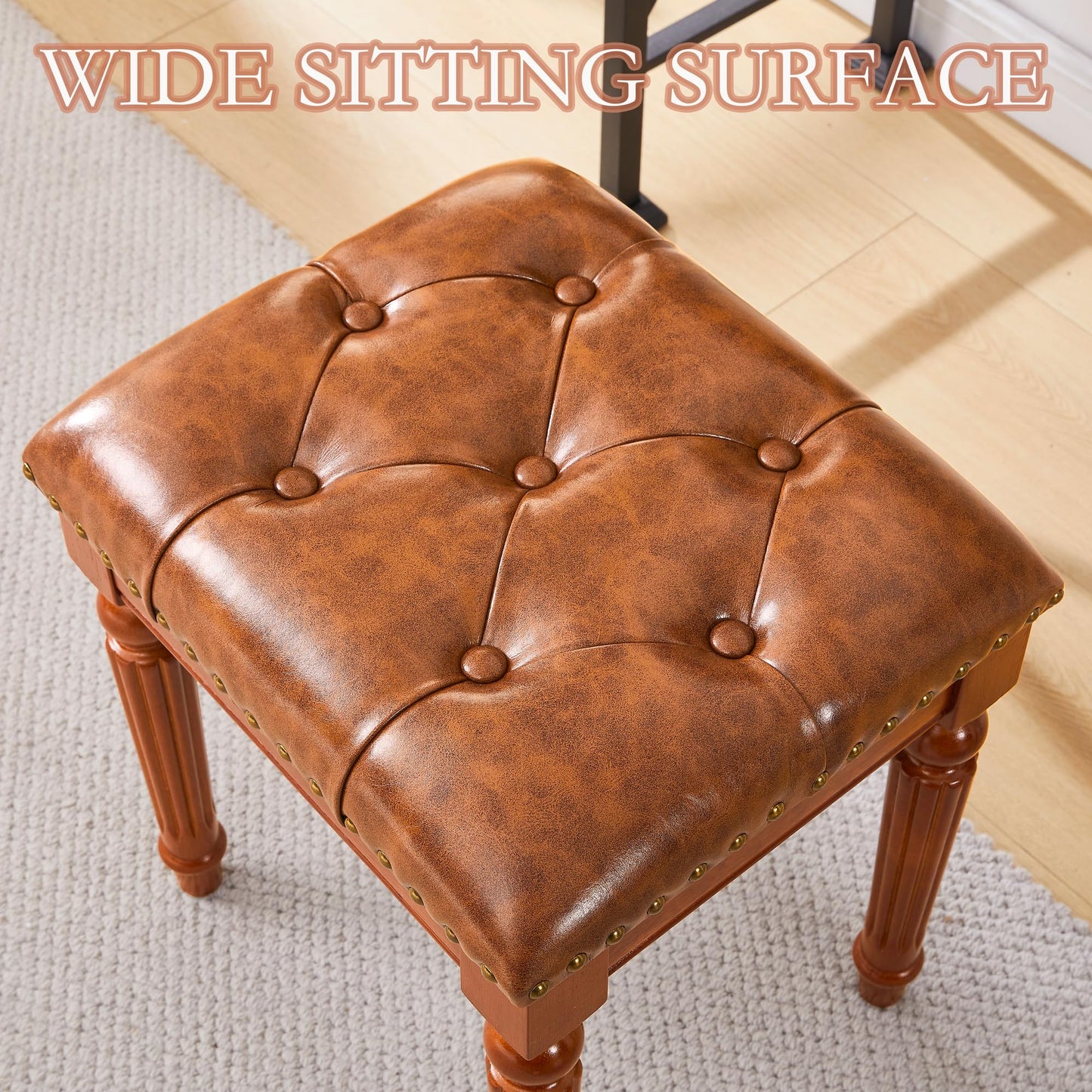 KUKEJCM Microfiber Leather Vanity Stool for Makeup,Solid Wood Carvied Vanity Bench Seat,Convertible Piano Stool and Dining Table Chair with Padded Ottoman,Classic Dressing Table Chair for Bedroom