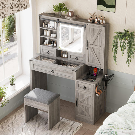 Ball & Cast Vanity Desk with Sliding Mirror and 3 Lighting Modes,Farmhouse Makeup Vanity W/Glass Top & Charging Station,4 Drawers & 2 Cabinets,Dressing Table W/Stool for Bedroom,Gray