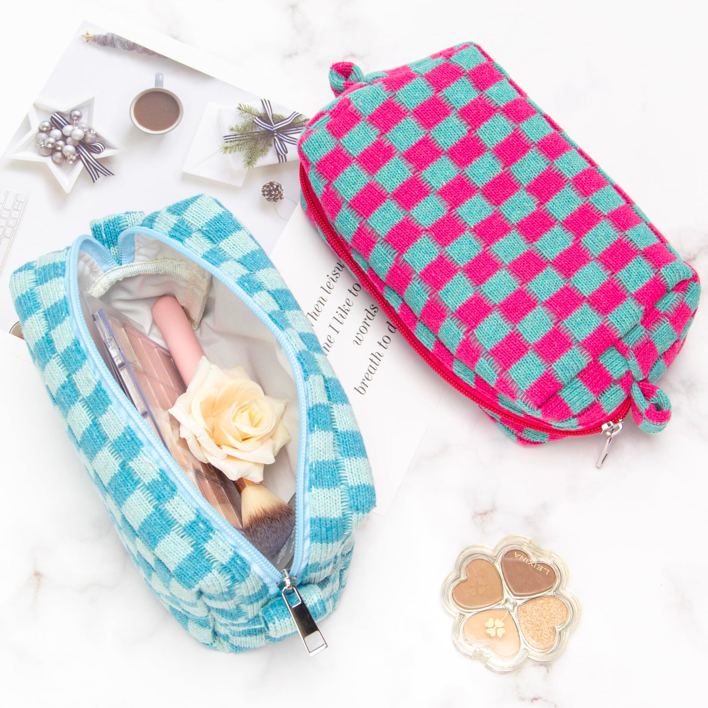 PAZIMIIK Checkered Makeup Bag for Purse Portable Zipper Make Up Pouch Small Cosmetic Case for Travel Accessories (6PCS Lake Blue)