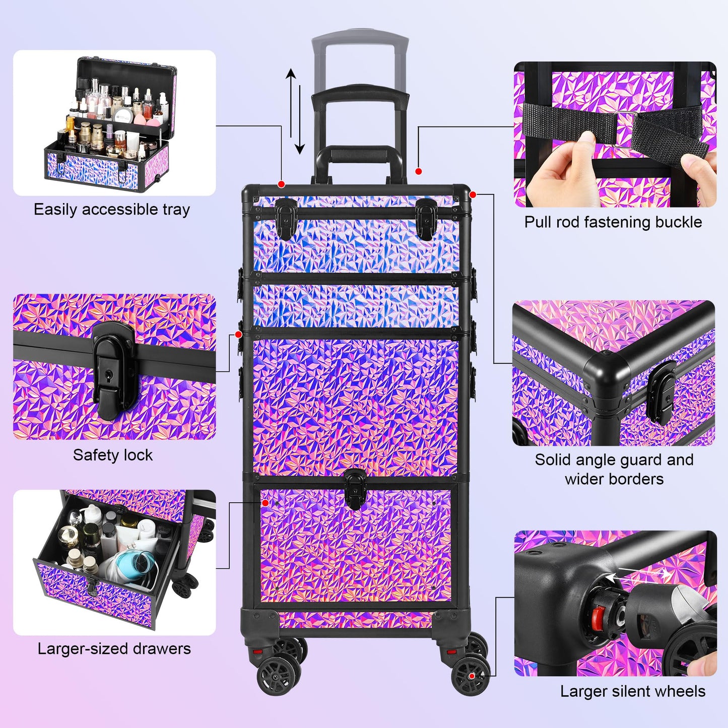 GALHUBIS Rolling Makeup Case with Large Drawer, Makeup Train Case with Tray, Cosmetology Case on Wheels, Travel Makeup Case Organizers, Professional for Salon Barber, Nail, Tattoo, Multicolor Purple