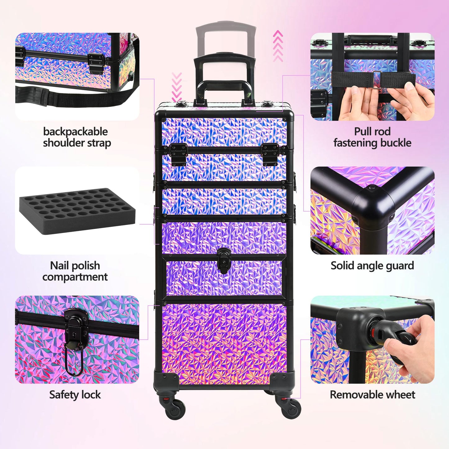 GALHUBIS Makeup Train Case with Drawer, Rolling Makeup Case, Cosmetology Case on Wheels, Gift, Large Makeup Case Organizers, Professional for Salon Barber, Nail, Tattoo, Black Colourful