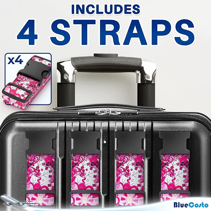 Luggage Straps for Suitcases - TSA Approved - Pink Geometric, 4 PK - Premium Belts for Suitcase, Briefcase & Travel Bag - Adjustable Strap Length 41" - 78"