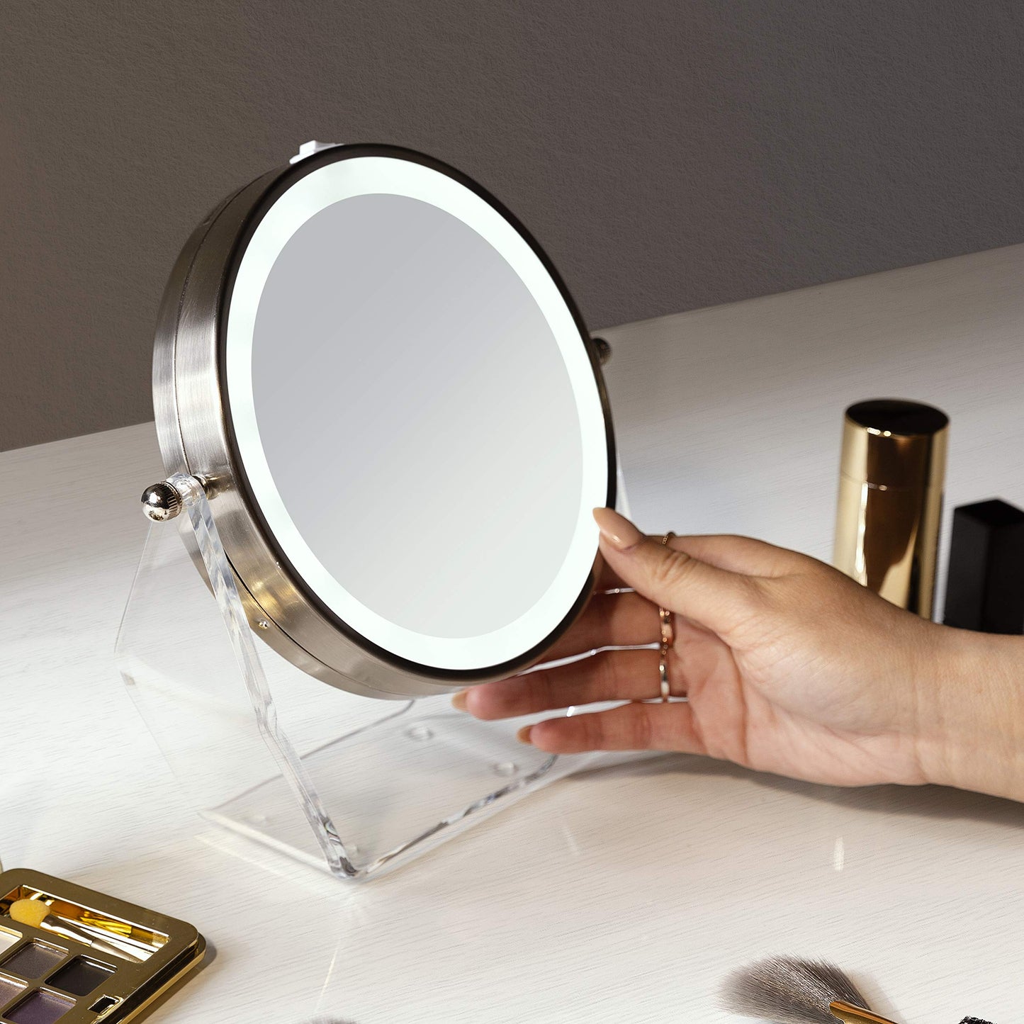 Zadro LED Lighted 8X/1X Magnification Two-Sided Swivel Acrylic Base Vanity Makeup Mirror for Bedroom, Bathroom and Tabletop in Satin Nickel