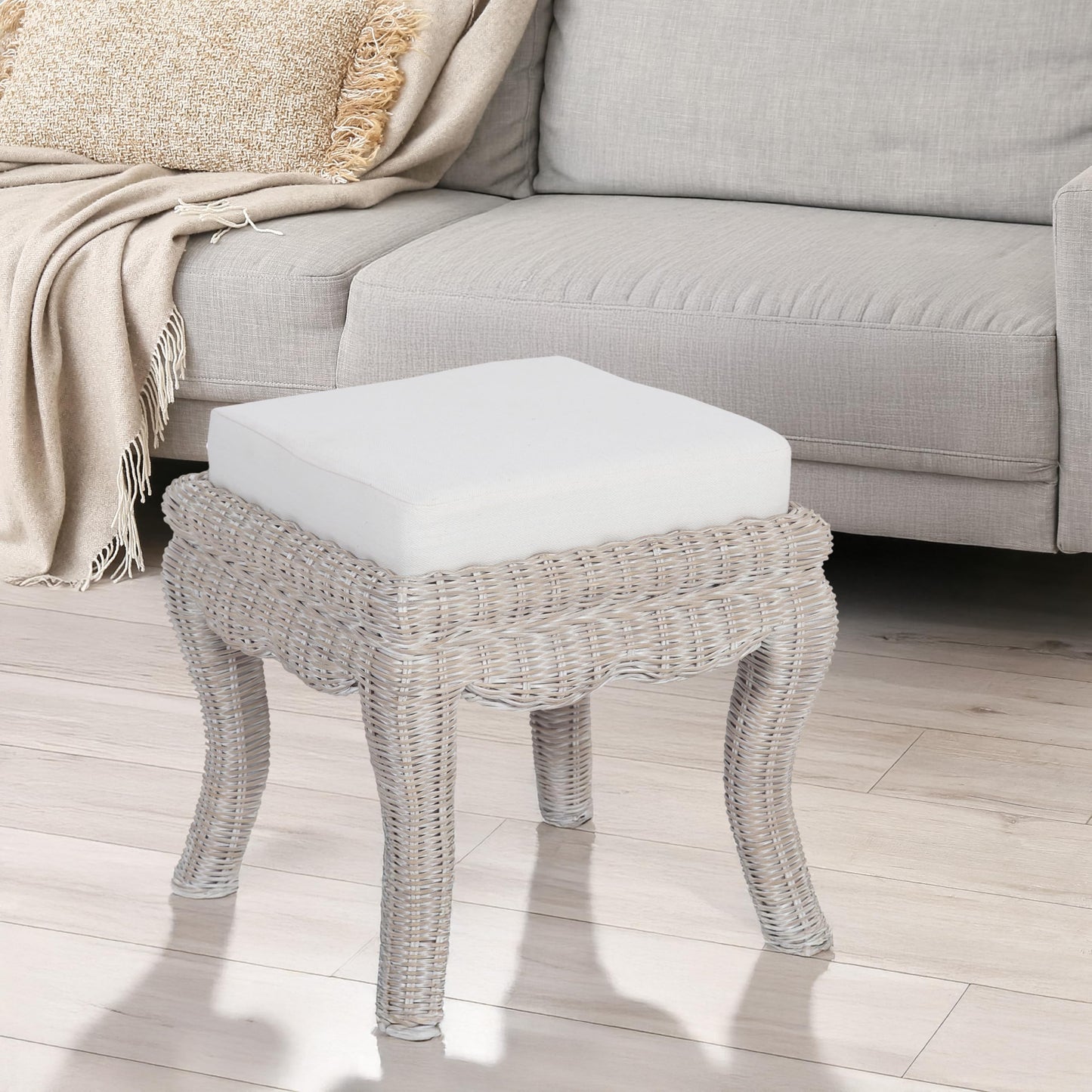 JONATHAN Y Rowan Woven Rattan Vanity Stool with White Cushion, 18.5" Coastal Backless Makeup Chair for Bedroom & Bathroom, Gray White Wash Mango Wood Wicker Ottoman Footrest VSL1000C