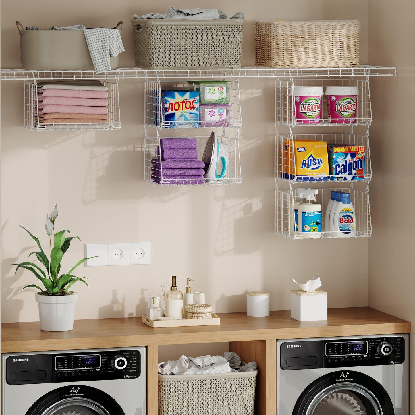 3-Tier Hanging Laundry Basket Organizer：Foldable Wire Shelf Laundry Room Organizer with 360°Rotating Hooks Small Space Solutions Closet Hanging Organizer - Laundry Organization, White Patent