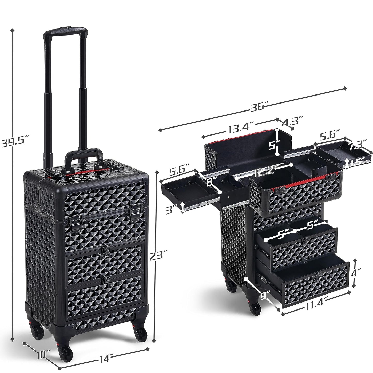 Yaheetech Rolling Makeup Train Case with Drawers Professional Nail Tech Travel Case Cosmetics Storage Organizer Beauty/Nail Art/Hair Styling Travelling Cart Trunk Black