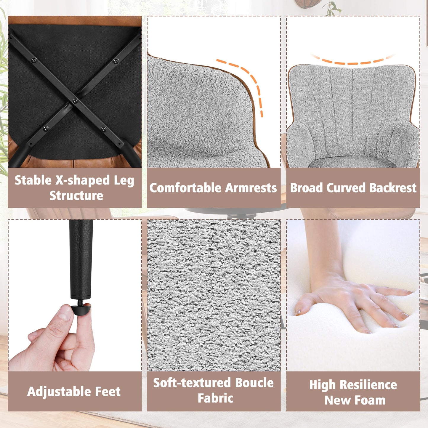 Yaheetech Accent Chair, Modern Fuzzy Boucle Fabric and Faux Leather Armchair, Upholstered Vanity Chair with High Curved Back and Metal Legs for Living Room Makeup Bedroom, Gray/Retro Brown