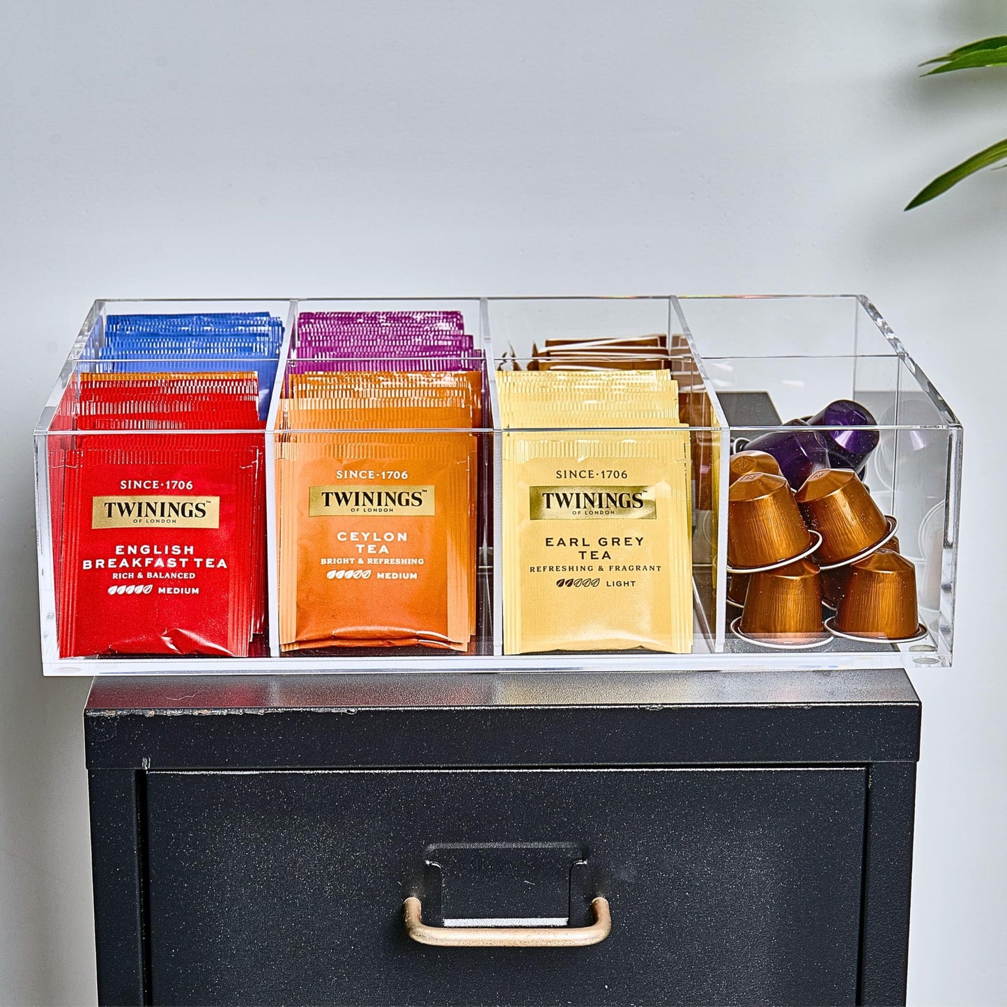 Meicloud Acrylic Tea Bag Organizer - Clear Tea Storage Box, K Cup Coffee Pods Holder with 8 Compartments, Tea Station Organizer for Countertop, Modern Tea Display Stand