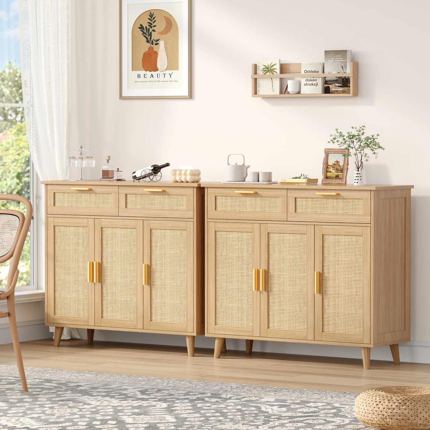 Akxomel Rattan Sideboard Buffet Cabinet with Storage, 35.4" W Buffet Cabinet with 2 Drawers and 3 Doors, Sideboard Storage Cabinet with Adjustable Shelves for Kitchen, Living Room, Natural Oak