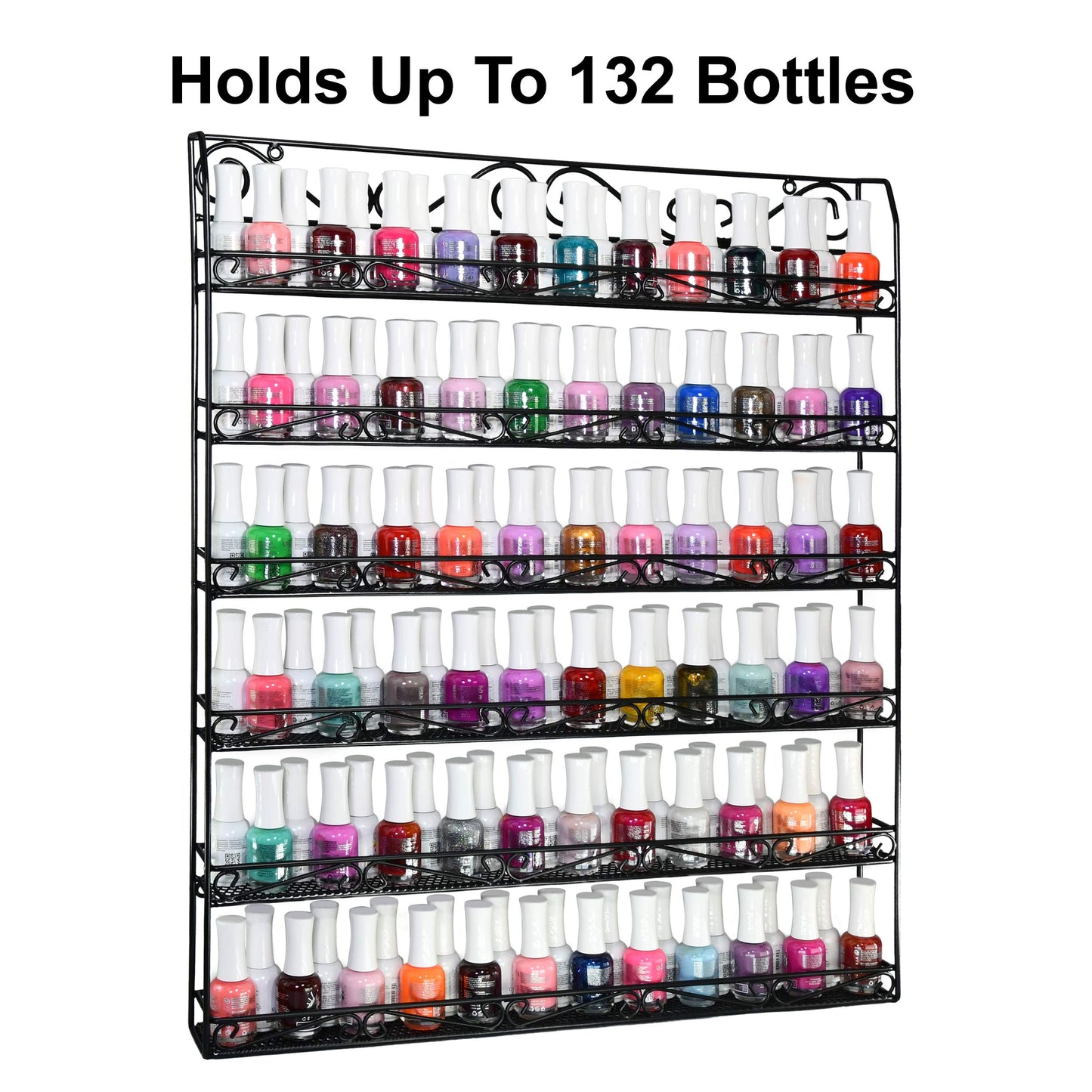 AMT 6 Tier Metal Nail Polish Racks for The Wall, Up to 132 Bottles, Clear Quality Nail Polish Display, Essential Oils Organizer (132 Bottles or 60 Jars - Black)