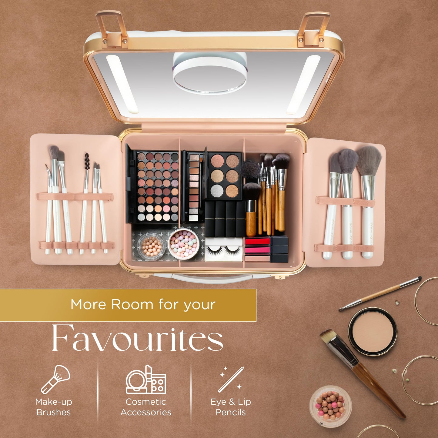NJ GLAM Lighted Makeup Case with Mirror + 10x Mini Mirror - Portable, 3 LED Modes, Adjustable Dividers I Travel Makeup Train Case & Organizer I USB Rechargeable I (White)