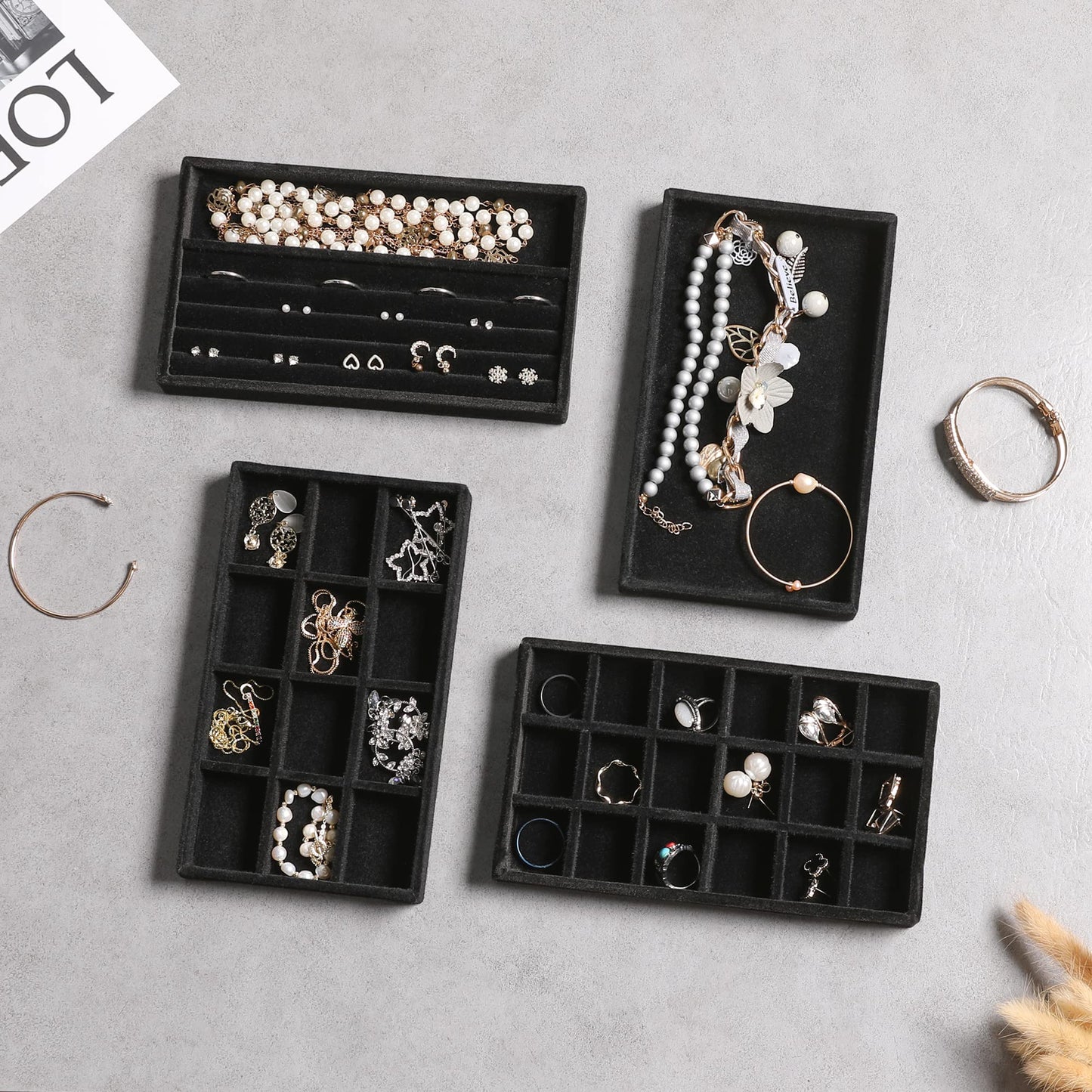 Frebeauty Jewelry Organizer Tray,Stackable Velvet Jewelry Trays,Drawer Inserts Earring Organizer For Women Jewelry Storage Display Case for Rings Stud Necklaces,Set of 9(Black)