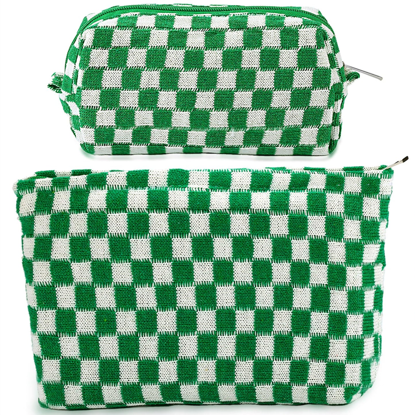 ZLFSRQ 2Pcs Checkered Makeup Bag for Women Large Small Travel Toiletry Bag Organizer Aesthetic Zipper Cosmetic Bags Cute Makeup Pouch for Purse Pencil Case Pencil Pouch Skincare Storage Bags (Green)