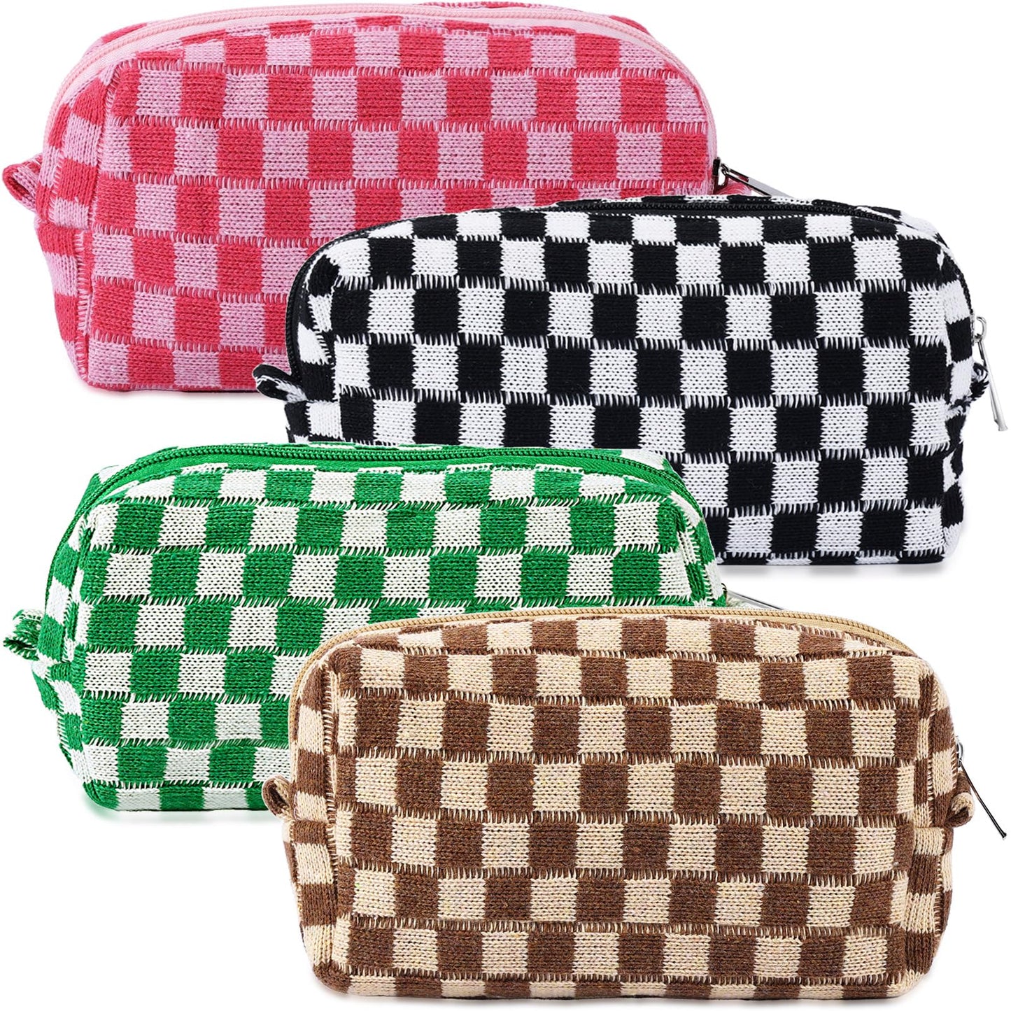 ZLFSRQ 4Pcs Checkered Pencil Case Cute Pencil Pouch for Teens Checkered Makeup Bag Medium Travel Cosmetic Bag Makeup Pouch for Purse Aesthetic Trendy Zipper Toiletry Bags(Green/Black/Pink/Brown)