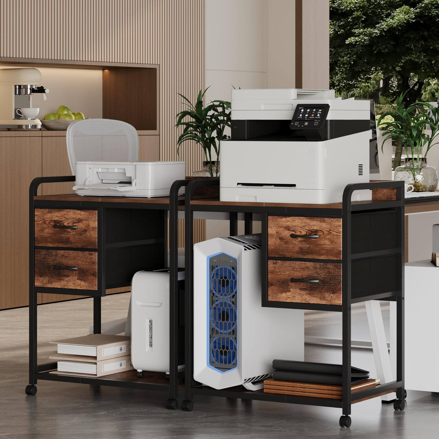 Unionly Large Printer Stand with 2 Fabric Drawers, Mobile Printer Table with Wheels and Computer Tower Slot for Home Office Storage and Organization, Rustic Brown (Rustic Brown)
