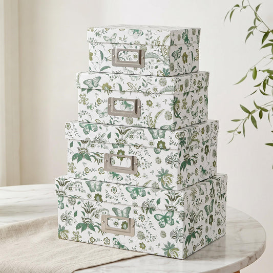 Briful Decorative Storage Boxes with Lids, 4 Pack Green Floral Cardboard Nesting Gifts Boxes with Metal Label Holders, Stackable Keepsake Photo Organizers for Home Closet Shelf Bedroom Office Decor