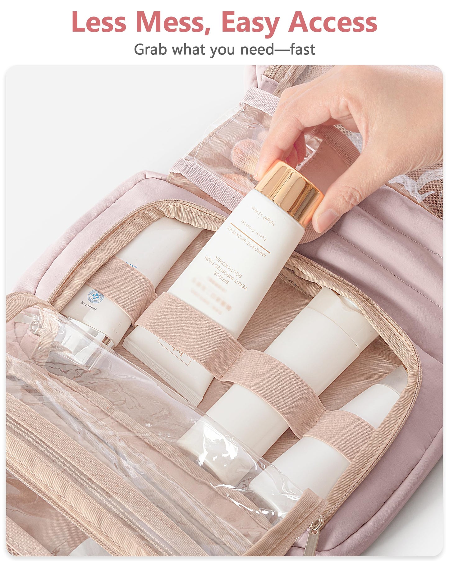 Marscamd Travel Toiletry Bag for Women with Hanging Hook, Puffy Makeup Organizer with Brushes Slots for Bathroom, Shower and Beauty Essentials, Pink
