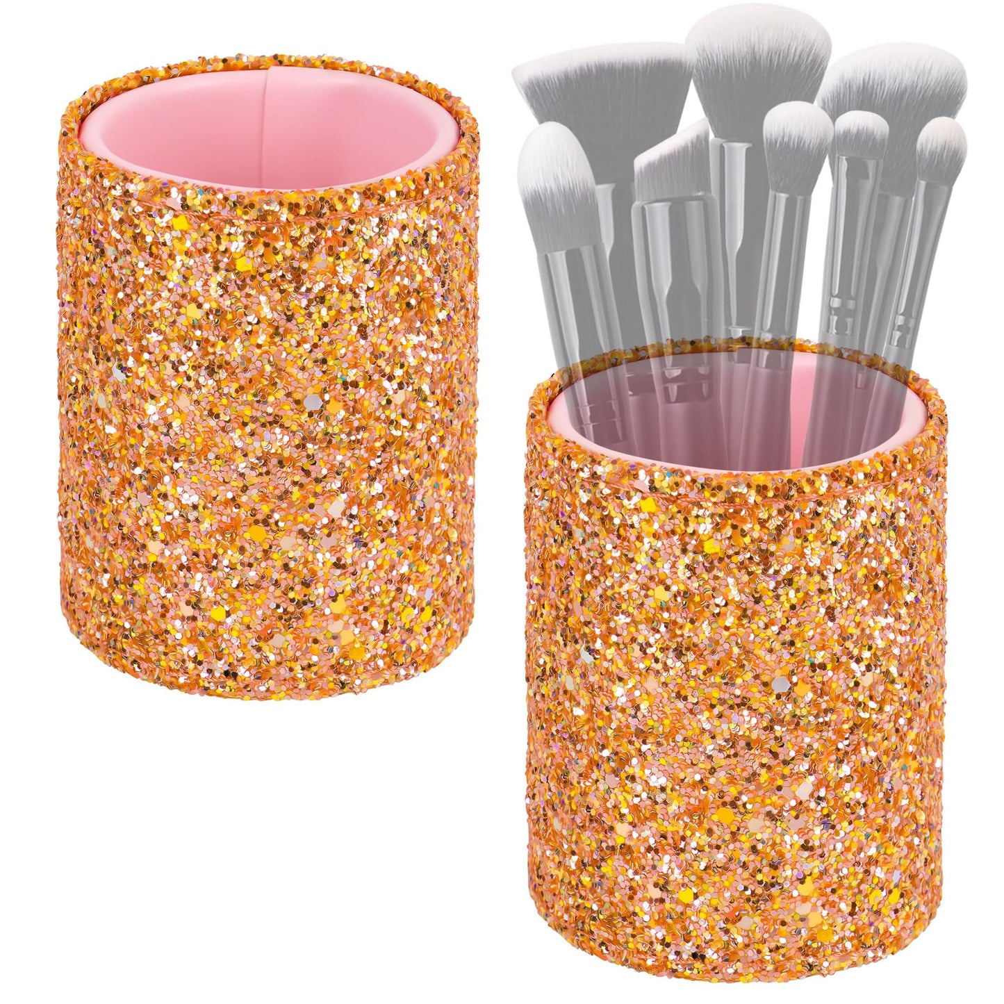 Biiange 2Pcs Pink Glitter Makeup Brush Cups – Desk or Vanity Containers for Brushes, Eyebrow Pencils, Eyeliner, Lip Tools and More (Orange)