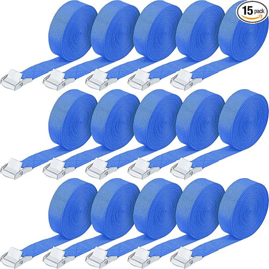 Riakrum 15 Pack 16 Feet Lashing Straps Adjustable Kayaks Tie Down Cam Buckle Straps with Buckles up to 250lbs for Cargo, Luggage, Motorcycles, Truck, Car Roof Rack, Sup Surfboard(Blue)