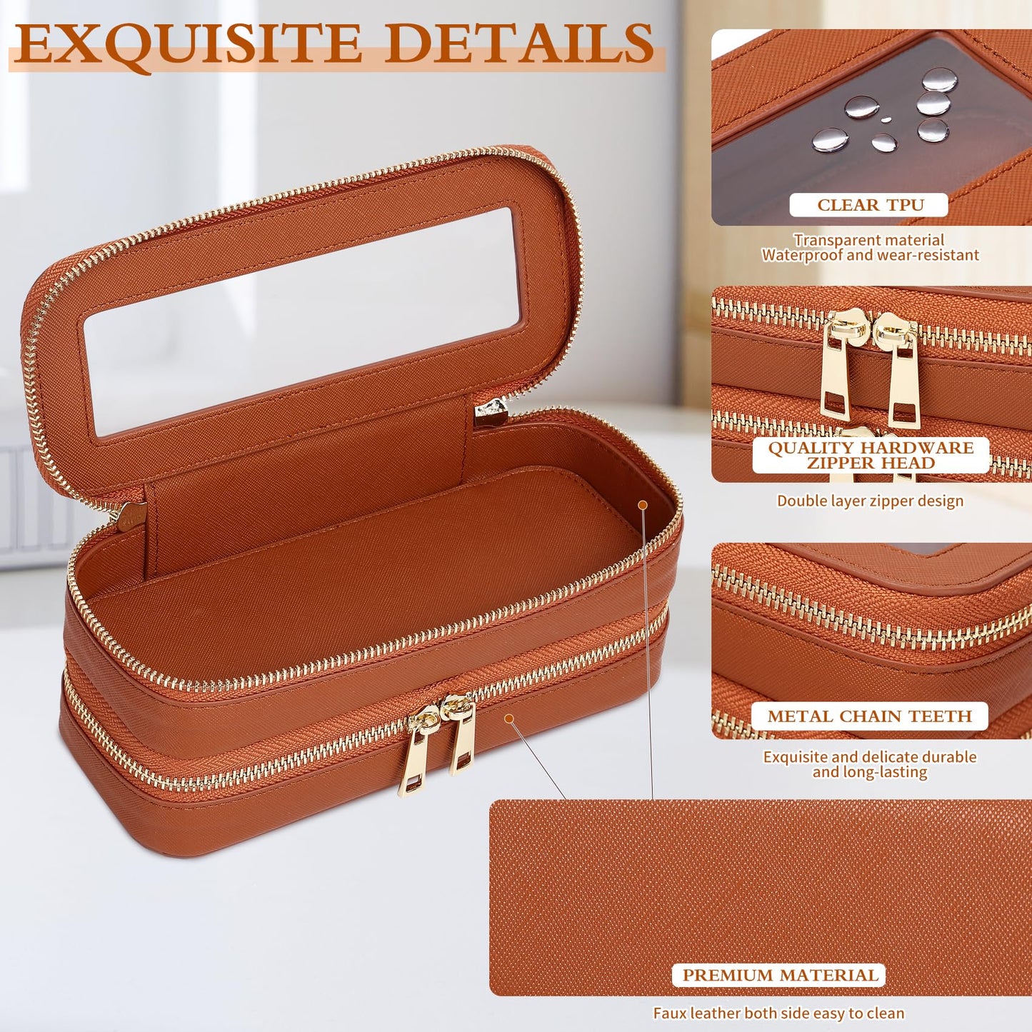 LOFOWN Double Layer Makeup Bag Makeup Brush Case Waterproof Travel Cosmetic & Toiletry Bag Purse Organizer and Car Essentials for Women (Brown, 2-Layer SLIM)