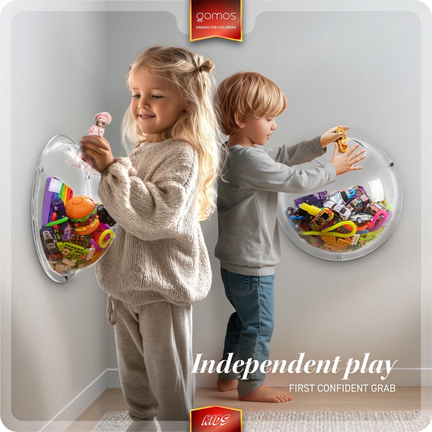 Gomos Acrylic Wall Organizer - 2-Pack Wall Toy Storage and Display - Transparent Bubble Organizer for Kids Room - Easy Installation, Back Panel Included