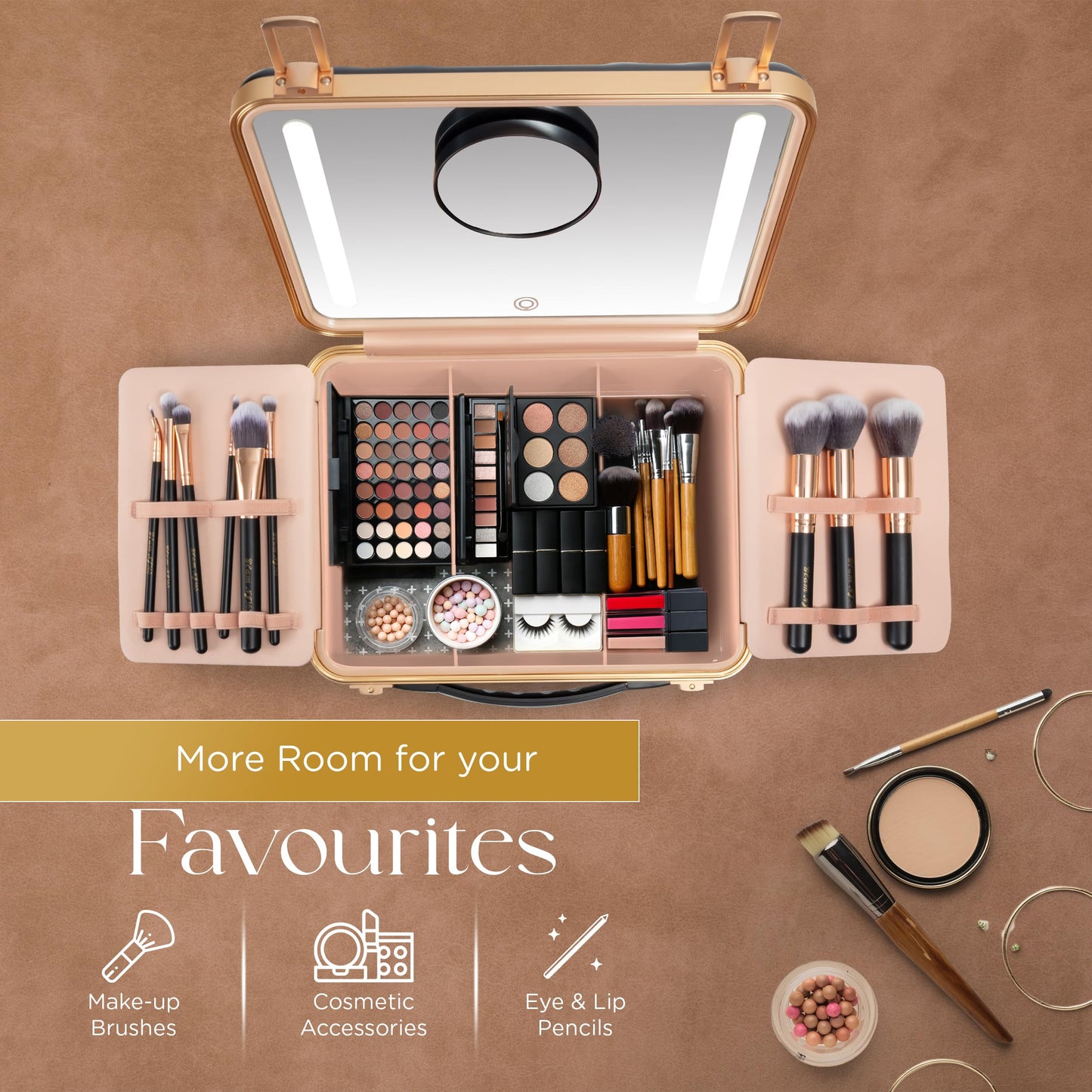 NJ GLAM Lighted Makeup Case with Mirror + 10x Mini Mirror - Portable, 3 LED Modes, Adjustable Dividers I Travel Makeup Train Case & Organizer I USB Rechargeable I (Black)