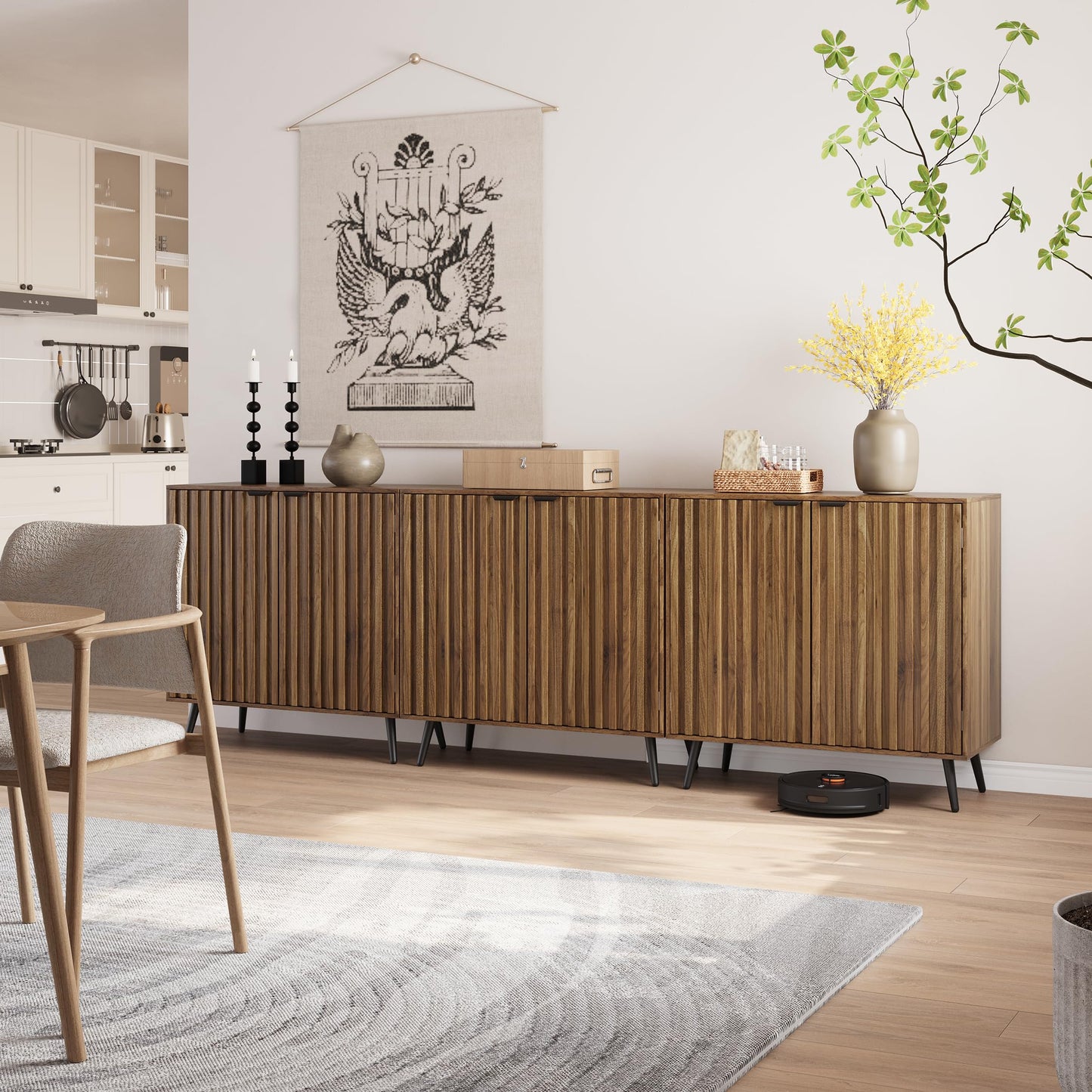 Semiocthome Walnut Buffet Cabinet with Storage, Sideboard Cabinet with Fluted Doors and Metal Legs, Storage Cabinet with Adjustable Shelf, Accent Table for Living Room, Dining Room, Kitchen, Entryway