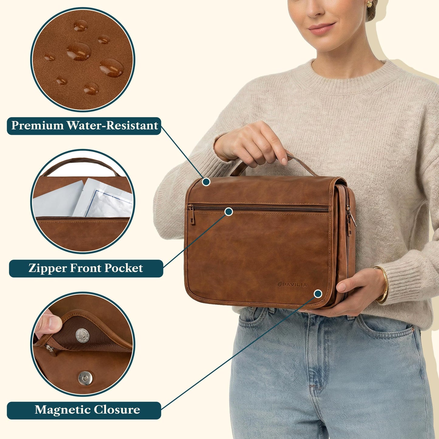 PAVILIA Hanging Toiletry Bag for Women Men, Large Travel Organizer with 5 Compartments & Swivel Hook, PU Leather Dopp Kit, Foldable Water-Resistant Makeup Cosmetic Bag for Full Size Bottles (Brown)