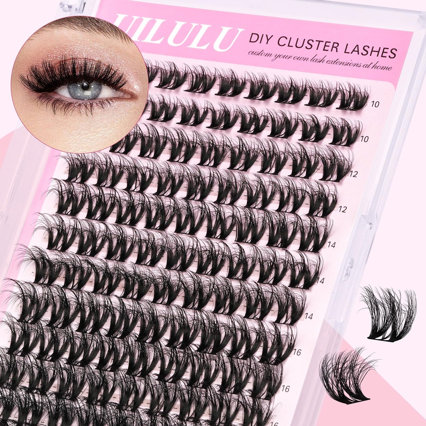 Uilulu Lash Clusters Kit for DIY Lash Extension at Home, False Eyelashes Set with Bond Seal, Lash Remover, Brush, Tweezers, D Curl Wispy Individual Clusters Eye Lash Extensions Kit (U10 Kit)