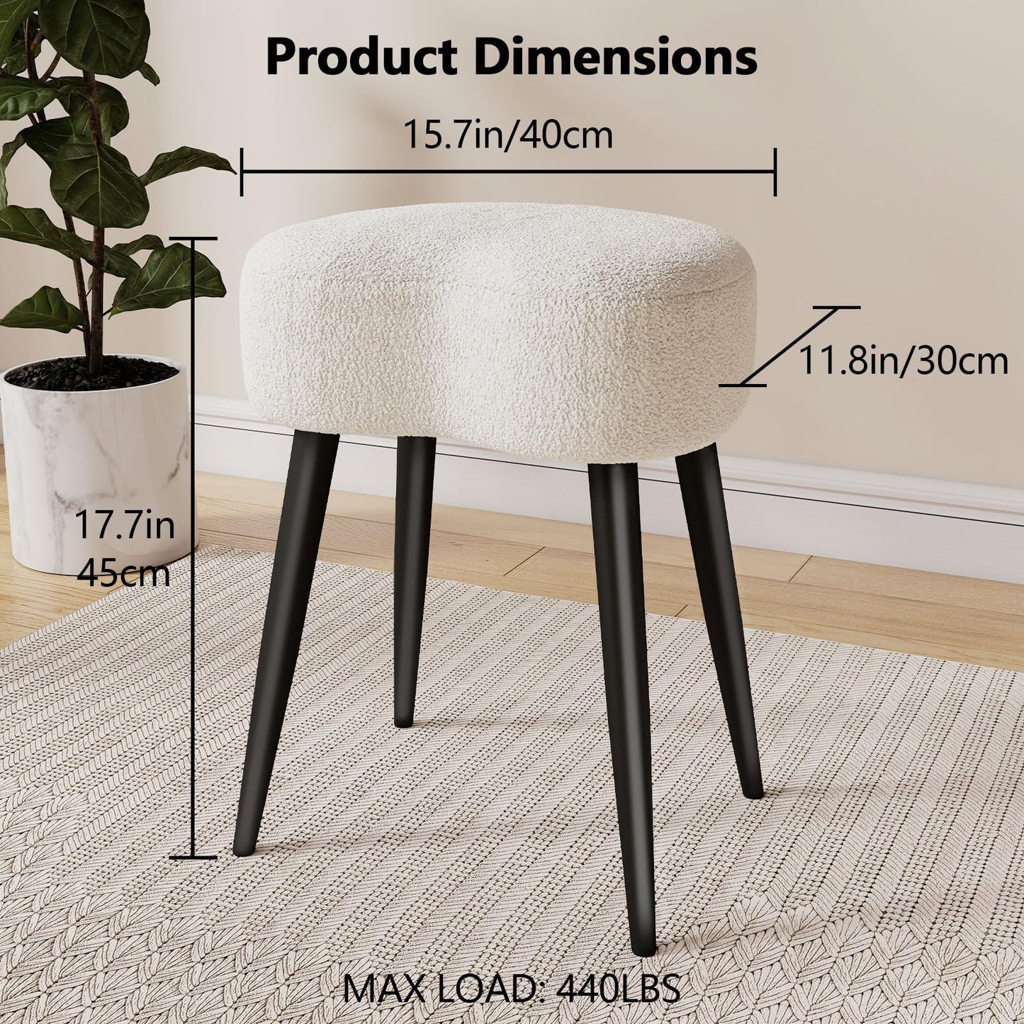 Permory Teddy Velvet Vanity Stool, Upholstered Makeup Chair with Sturdy Metal Legs, Soft Padded Ottoman Footrest, Modern Accent Stool for Bedroom, Living Room, Entryway (White, 17.7in H)