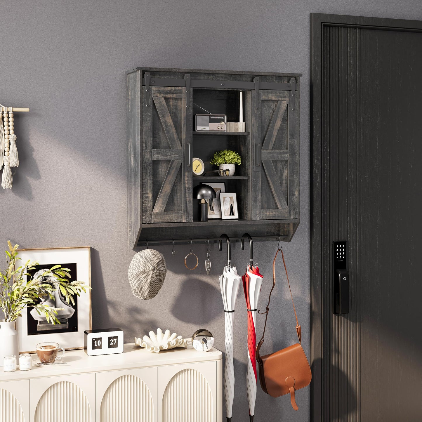 Trironsun Farmhouse Medicine Cabinet 2 Sliding Barn Doors 3 Tier Rustic Wood Wall Storage Cabinet Adjustable Shelf Towel Bar Wall Mounted Bathroom Wall Cabinet