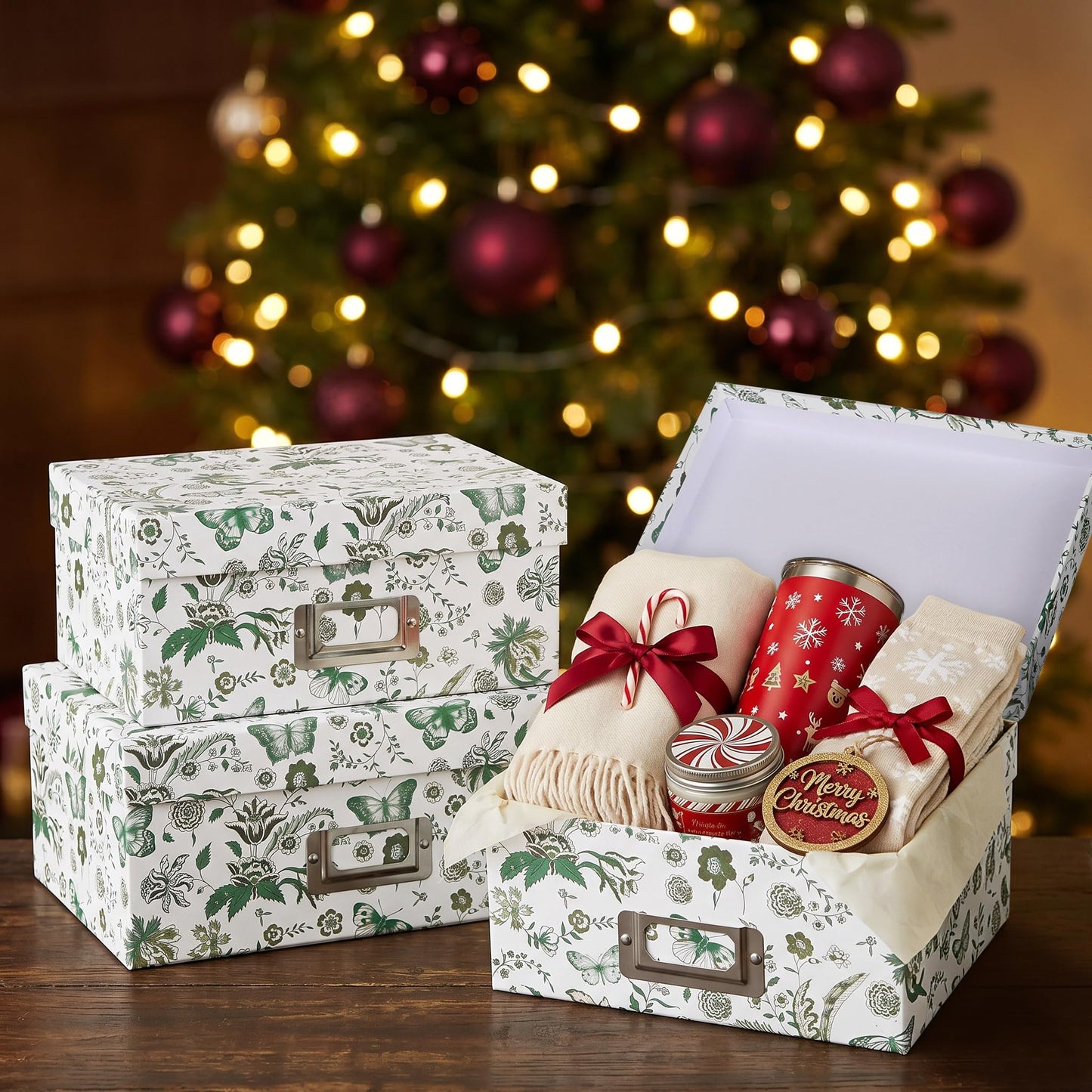 Briful Decorative Storage Boxes with Lids, 4 Pack Green Floral Cardboard Nesting Gifts Boxes with Metal Label Holders, Stackable Keepsake Photo Organizers for Home Closet Shelf Bedroom Office Decor