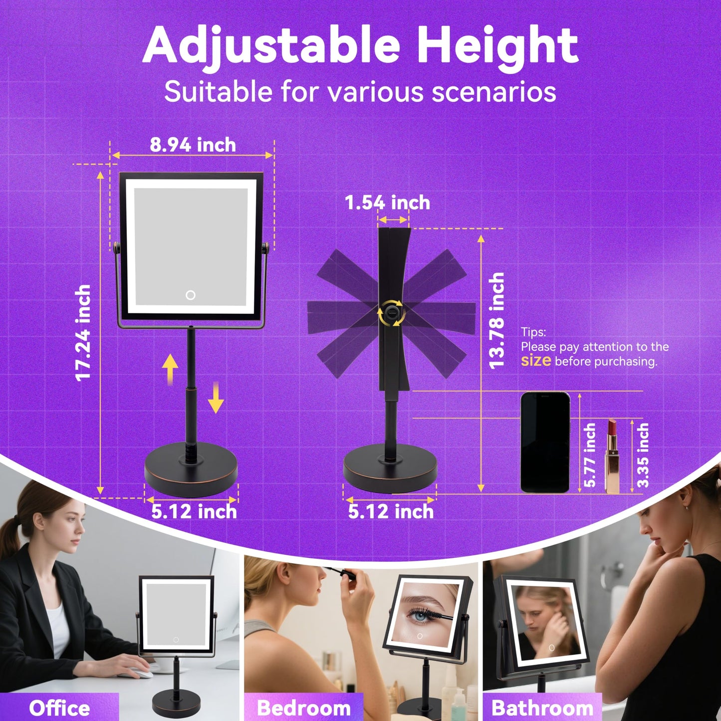 Basitool JIONIESIM Series 1X/10X Makeup Mirror with Lights, Double Sided Lighted Magnifying Mirror with 3 Colors, Height & Brightness Adjustable, Rechargeable 4000mAh Vanity Mirror (Oil Rubbed Bronze)