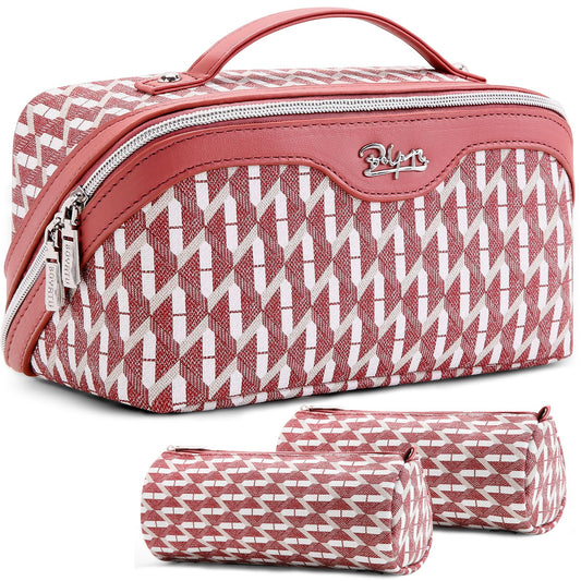 BOYATU Travel Makeup Bags for Women: Large Capacity Cosmetic Bag Set of 3 - Vegan Leather Make up Bags with Compartments - Wide Open Waterproof Toiletry Organizer Bag with Handle (P-03-Red)