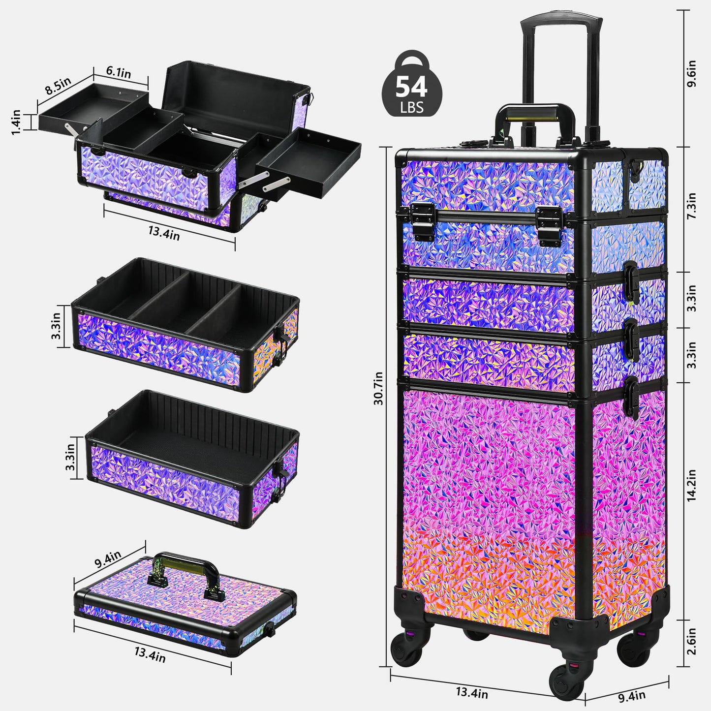 GALHUBIS Rolling Makeup Case, Makeup Train Case with Lid, 5 in 1 Cosmetology Case on Wheels, Christmas Gift, Large Makeup Case Organizers, Profesional Cosmetic Case for Salon Barber,Black Colorful