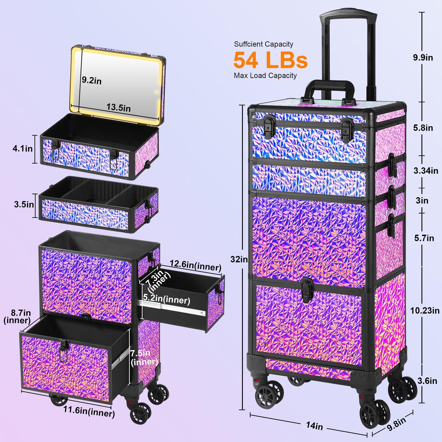 GALHUBIS Rolling Makeup Case with Lighted Mirror, Makeup Train Case with Large Drawer, Cosmetology Case, Travel Makeup Organizers, Professional for Salon Barber, Nail, Tattoo, Multicolor Purple