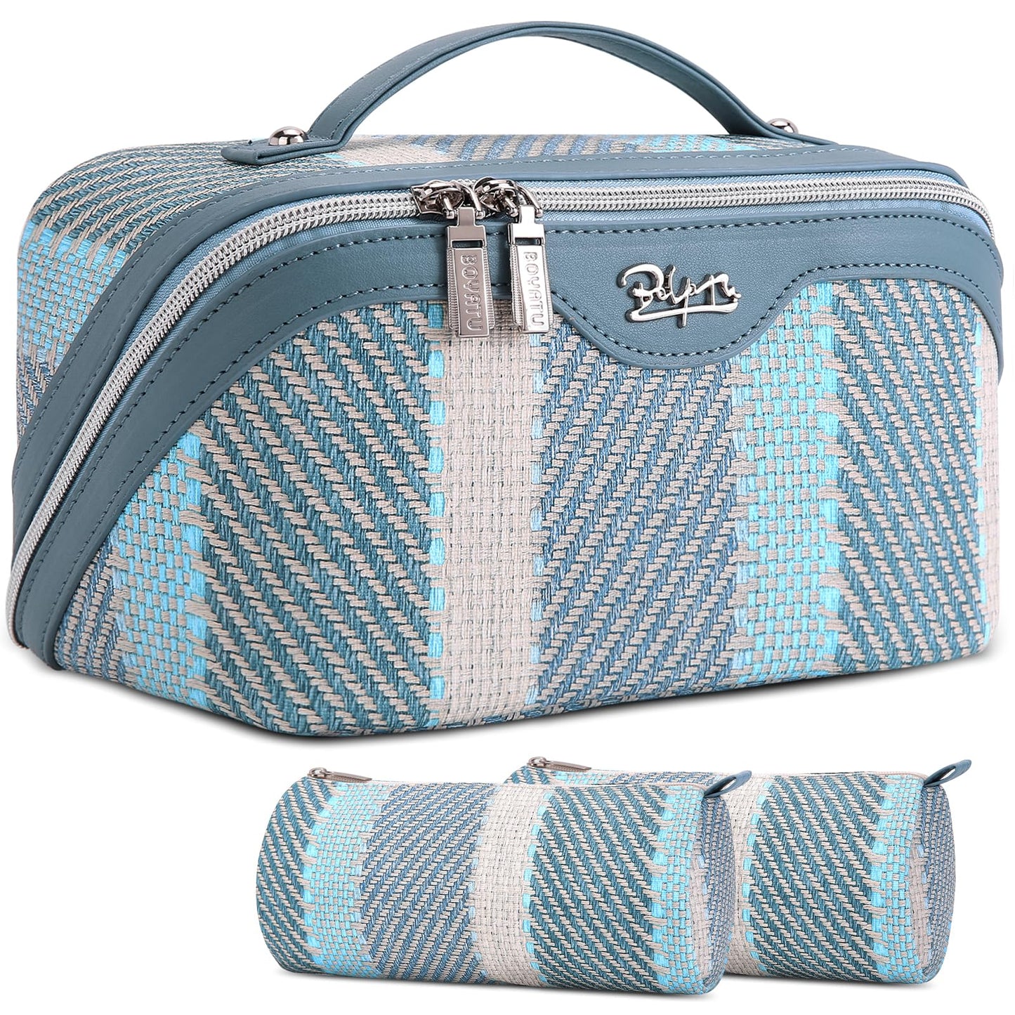 BOYATU Travel Makeup Bag Cosmetic Bag for Women: 3 Pcs Set Make up Bag with Compartments - Waterproof Vegan Leather Toiletry Bags with Handle - Makeup Organizer for Travel Essentials(C-1-Blue)